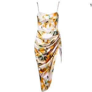 Womens Satin Floral Asymmetrical Ruched Dress